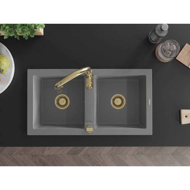 Mexen Mario granitový drez s 2-komorovým batériovým kuchynským setom Savita, šedý - 6504-71-672601-50