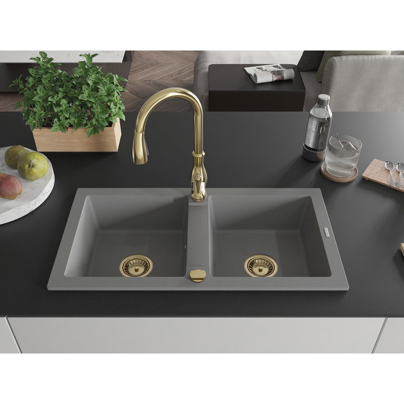 Mexen Mario granitový drez s 2-komorovým batériovým kuchynským setom Savita, šedý - 6504-71-672601-50