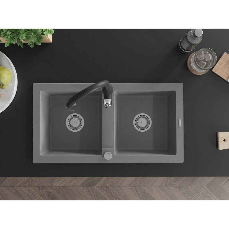 Mexen Mario žulový drez 2-komorový s kuchynskou batériou Savita, sivý - 6504-71-672601-70