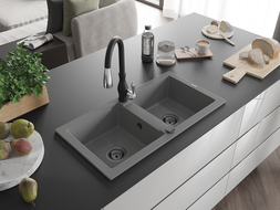 Mexen Mario dvojkomorový žulový kuchynský drez s kuchynskou batériou Savita, sivý - 6504-71-672601-70-B