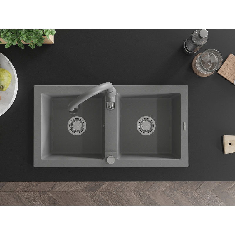 Mexen Mario žulový drez 2-komorový s kuchynskou batériou Savita, sivý - 6504-71-672601-71