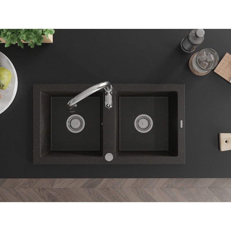 Mexen Mario granitový drez s 2 komorami s kuchynskou batériou Savita, čierny/zlatý metalik - 6504-75-672601-00