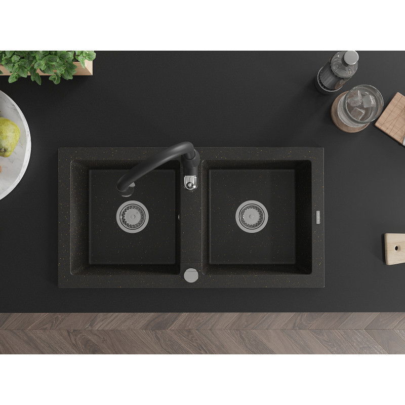 Mexen Mario granitový kuchynský drez s 2 komorami a kuchynskou batériou Savita, čierny/zlatý metalik - 6504-75-672601-70