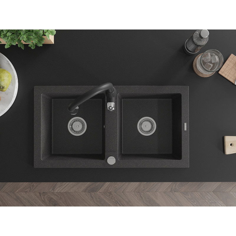 Mexen Mario granitový drez 2-komorový s kuchynskou batériou Savita, čierny škvrnitý - 6504-76-672601-70