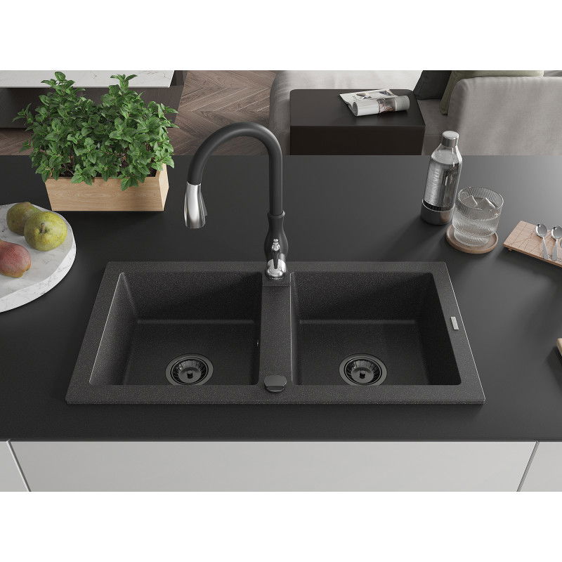 Mexen Mario žulový kuchynský drez s 2 komorami a kuchynskou batériou Savita, čierny škvrnitý - 6504-76-672601-70-B