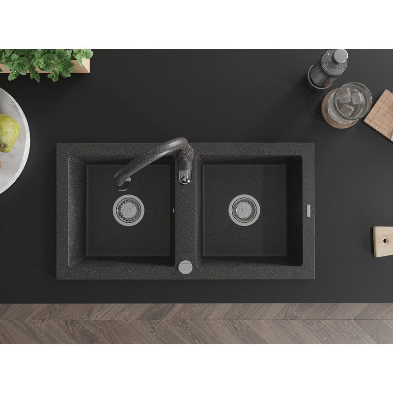 Mexen Mario žulový drez 2-komorový s kuchynskou batériou Savita, čierny škvrnitý - 6504-76-672601-76