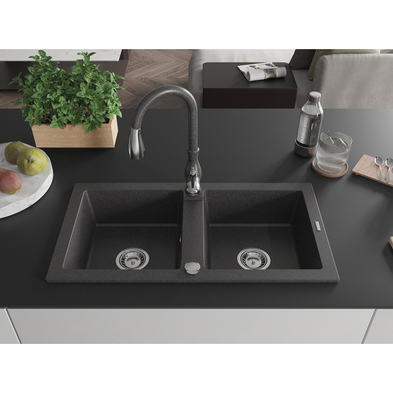 Mexen Mario drez z umelého kameňa 2-komorový s kuchynskou batériou Savita, čierny bodkovaný - 6504-76-672601-76