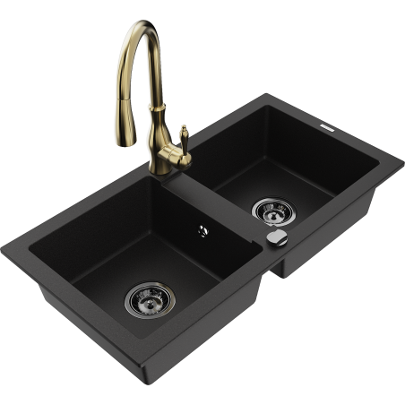 Mexen Mario žulový kuchynský drez 2-komorový s kuchynskou batériou Savita, čierny - 6504-77-672601-50-B