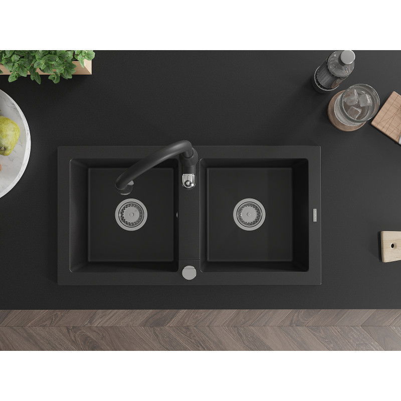Mexen Mario dvojkomorový žulový drez s kuchynskou batériou Savita, čierny - 6504-77-672601-70