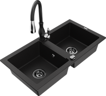 Mexen Mario granitový drez 2-komorový s kuchynskou batériou Savita, čierny - 6504-77-672601-70-B
