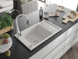 Mexen Elias žulový drez s 1 komorou, odkvapkávačom a kuchynskou batériou Savita, biely - 6511-20-672601-20