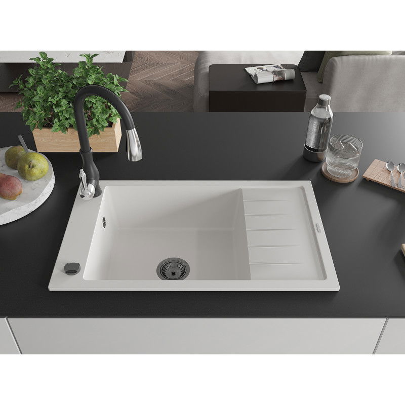 Mexen Elias granitový jednodrez s odkvapkávačom a kuchynskou batériou Savita, biely - 6511-20-672601-70