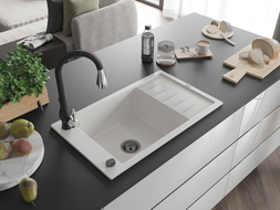 Mexen Elias granitový jednodrez s odkvapkávačom a kuchynskou batériou Savita, biely - 6511-20-672601-70