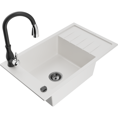 Mexen Elias granitový jednodrez s odkvapkávačom a kuchynskou batériou Savita, biely - 6511-20-672601-70