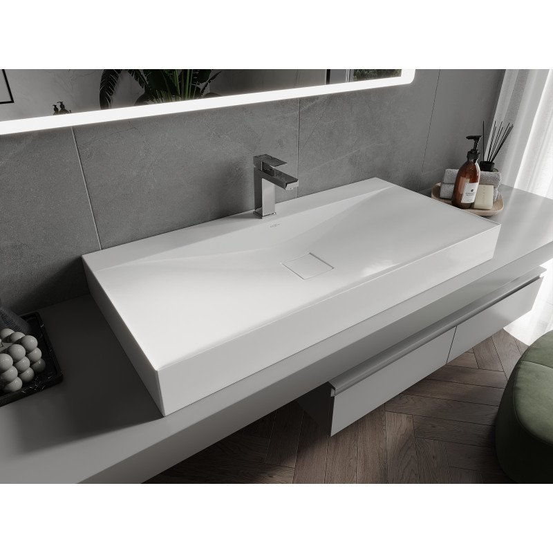 Mexen Poli Nadstavná umývadlová misa z konglomerátu 1/O 100 x 48 cm, biela - 23021001