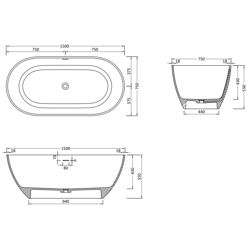 Mexen Rimini voľne stojaca vaňa z konglomerátu 150 x 75 cm, biela matná - 57241507500