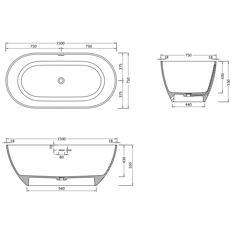Mexen Rimini voľne stojaca vaňa z kompozitu 150 x 75 cm, čierna matná - 57241507570