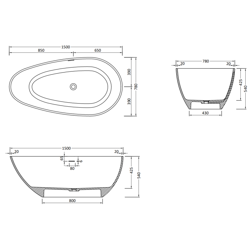 Mexen Palermo voľne stojaca vaňa z konglomerátu 150 x 78 cm, čierna matná - 57211507870