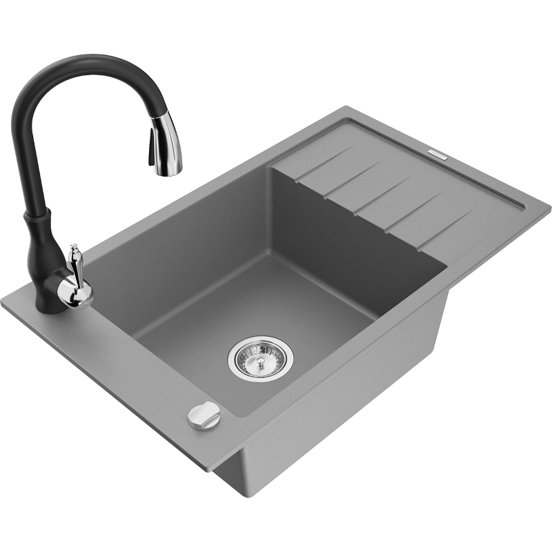 Mexen Elias žulový kuchynský drez s 1 komorou s odkvapkávačom a kuchynskou batériou Savita, šedý - 6511-71-672601-70
