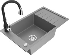 Mexen Elias žulový kuchynský drez s 1 komorou s odkvapkávačom a kuchynskou batériou Savita, šedý - 6511-71-672601-70