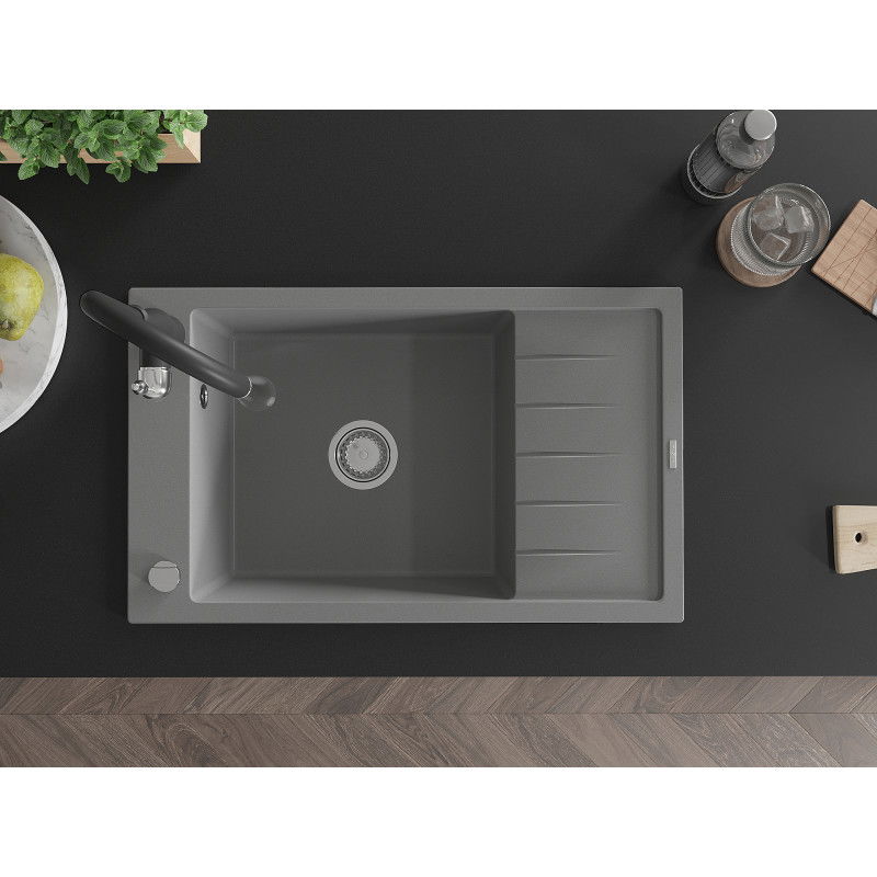 Mexen Elias žulový kuchynský drez s 1 komorou s odkvapkávačom a kuchynskou batériou Savita, šedý - 6511-71-672601-70