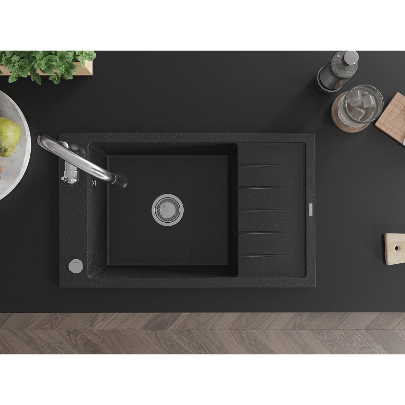 Mexen Elias granitový drez 1-komorový s odkvapkávačom a kuchynskou batériou Savita, čierny/strieborný metalik