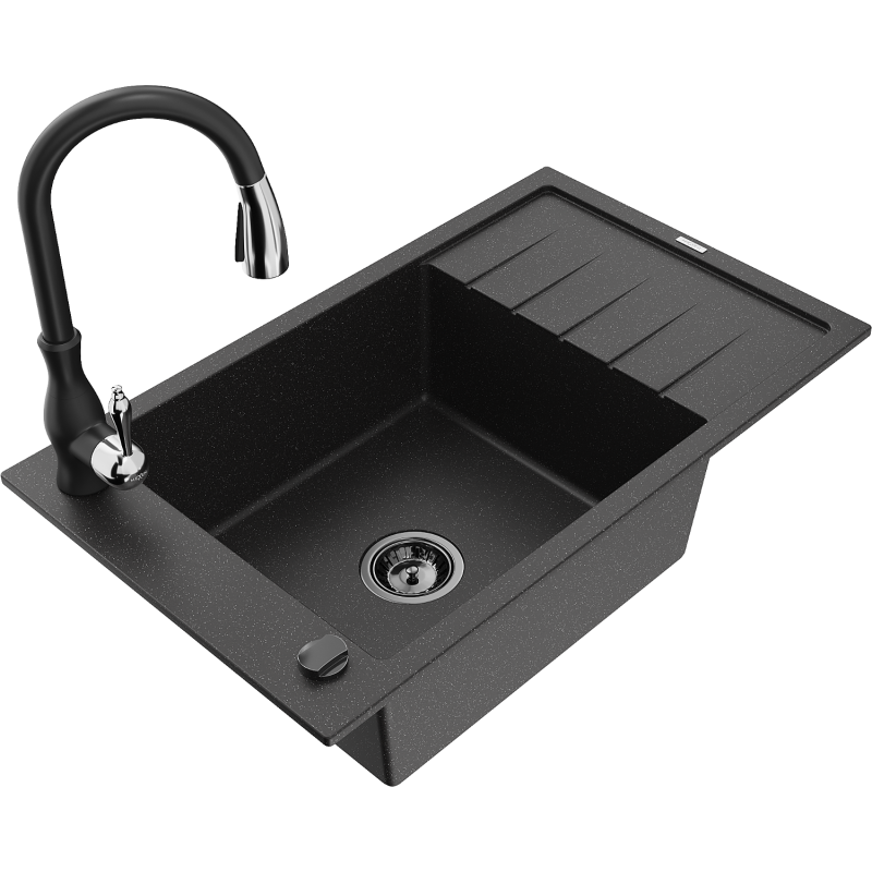 Mexen Elias granitový jednodrez s odkvapkávačom a kuchynskou batériou Savita, čierny/strieborný metalik