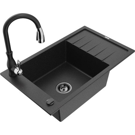 Mexen Elias granitový jednodrez s odkvapkávačom a kuchynskou batériou Savita, čierny/strieborný metalik