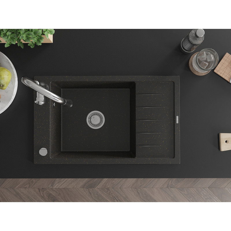 Mexen Elias granitový drez s 1 komorou, odkvapkávačom a kuchynskou batériou Savita, čierny/zlatý metalik