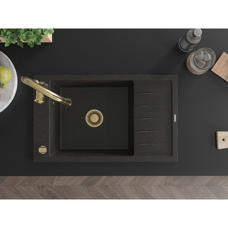 Mexen Elias granitový drez s 1 komorou s odkvapkávačom a kuchynskou batériou Savita, čierny/zlatý metalický
