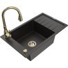 Mexen Elias granitový drez s 1 komorou s odkvapkávačom a kuchynskou batériou Savita, čierny/zlatý metalický