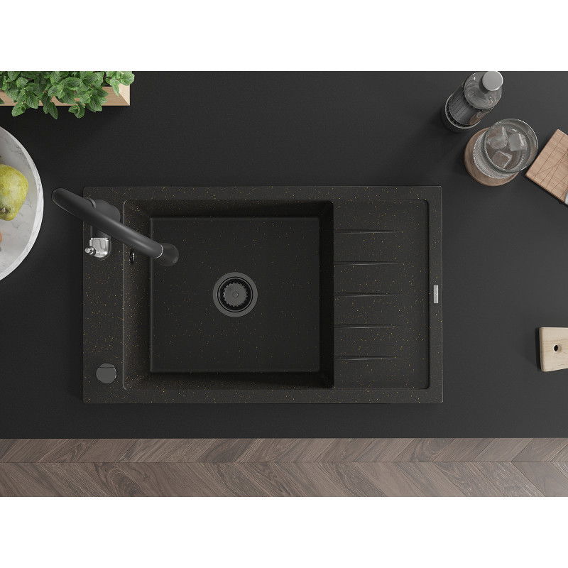 Mexen Elias granitový drez 1-komorový s odkvapkávačom a kuchynskou batériou Savita, čierny/zlatý metalík - 6511-75-672601-70-B