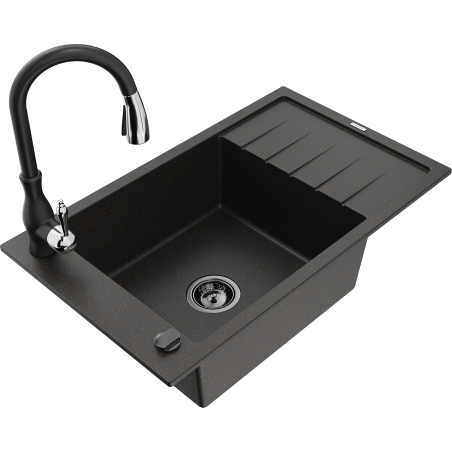 Mexen Elias granitový drez 1-komorový s odkvapkávačom a kuchynskou batériou Savita, čierny/zlatý metalík - 6511-75-672601-70-B