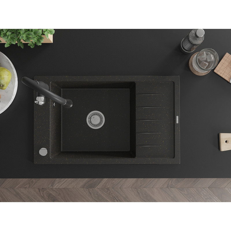 Mexen Elias Granitový drez s 1 komorou, s odkvapkávačom a kuchynskou batériou Savita, čierna/zlatá metalíza