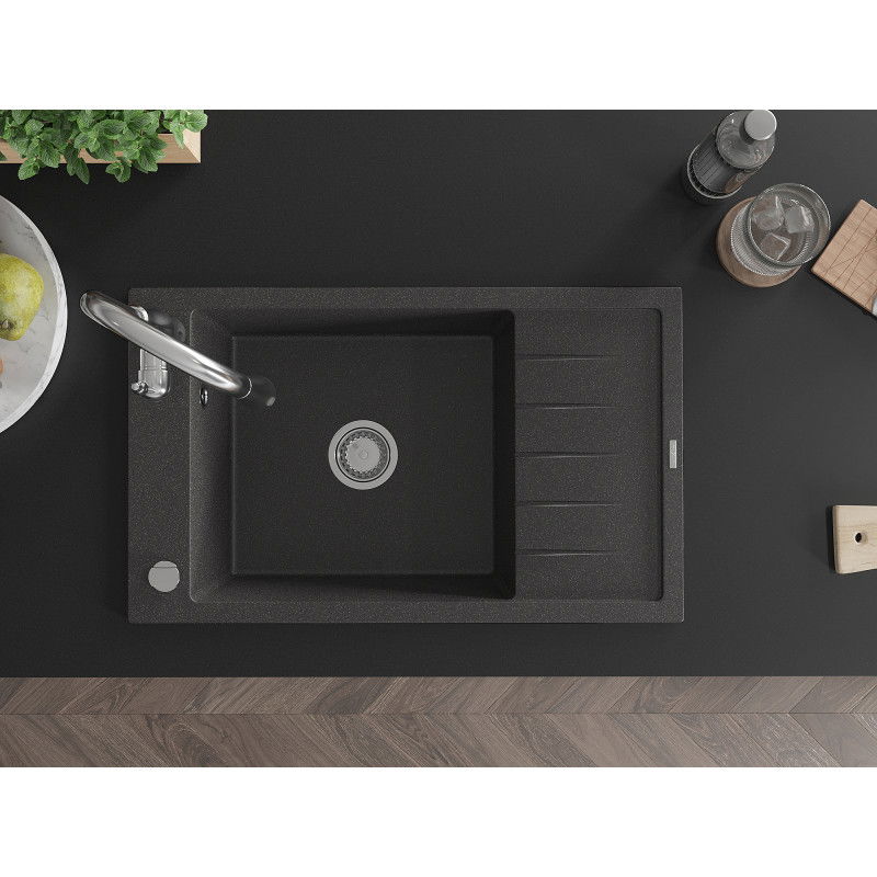 Mexen Elias granitový drez s 1 komorou, odkvapkávačom a kuchynskou batériou Savita, čierny s bodkami - 6511-76-672601-00