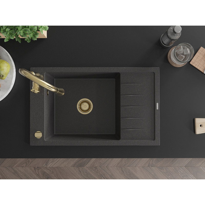 Mexen Elias žulový kuchynský drez 1-komorový s odkvapkávačom a kuchynskou batériou Savita, čierny kropenatý - 6511-76-672601-50