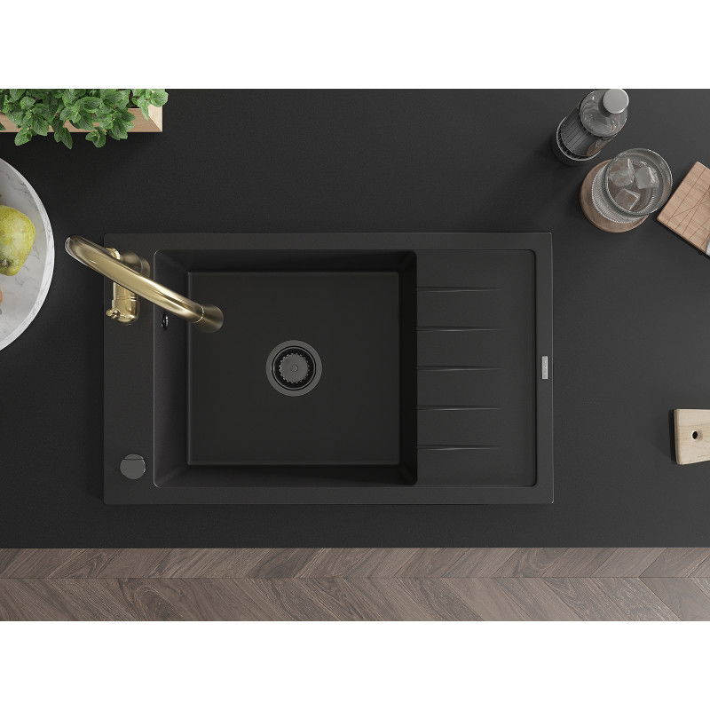 Mexen Elias granitový kuchynský drez 1-komorový s odkvapkávačom a kuchynskou batériou Savita, čierny - 6511-77-672601-50-B