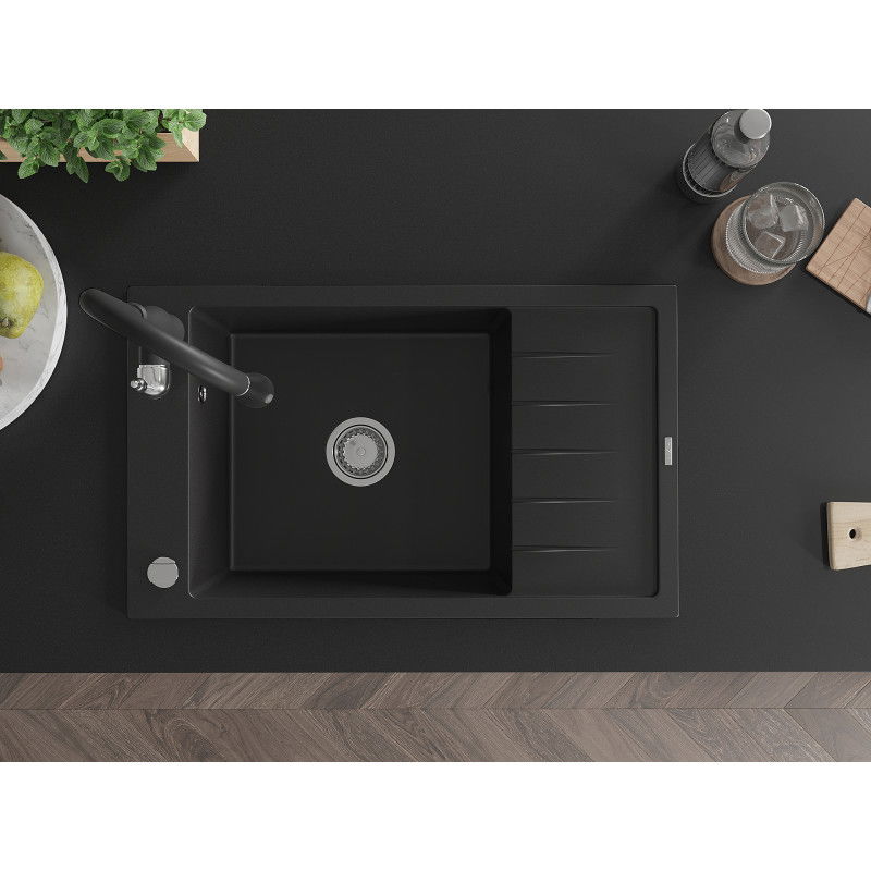 Mexen Elias žulový kuchynský drez 1-komorový s odkvapkávačom a kuchynskou batériou Savita, čierny - 6511-77-672601-70