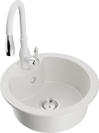 Mexen Diego žulový kuchynský drez 1-komorový s kuchynskou batériou Savita, biela - 6512-20-672601-20