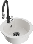 Mexen Diego, granitový kuchynský drez s 1 komorou a kuchynskou batériou Savita, biela - 6512-20-672601-70