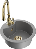 Mexen Diego žulový kuchynský drez s 1 komorou a kuchynskou batériou Savita, sivý - 6512-71-672601-50