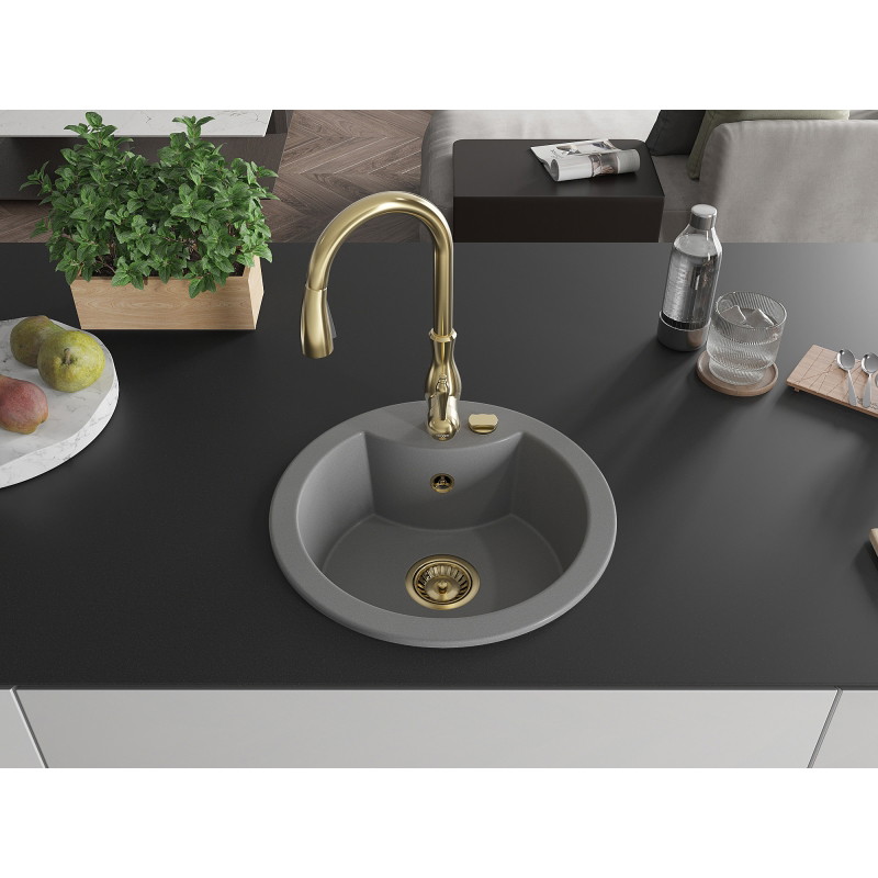 Mexen Diego granitový drez s 1 komorou s kuchynskou batériou Savita, sivý - 6512-71-672601-50