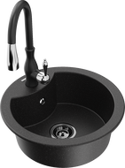 Mexen Diego jednokomorový granitový drez s kuchynskou batériou Savita, čierno/strieborný metalik - 6512-73-672601-70-B