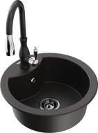 Mexen Diego žulový drez s 1 komorou s kuchynskou batériou Savita, čierno/zlatý metalický - 6512-75-672601-70-B