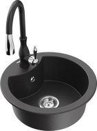 Mexen Diego žulový kuchynský drez s 1 komorou a kuchynskou batériou Savita, čierny škvrnitý - 6512-76-672601-70