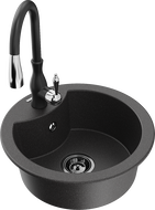 Mexen Diego žulový drez 1-komorový s kuchynskou batériou Savita, čierny bodkovaný - 6512-76-672601-70-B