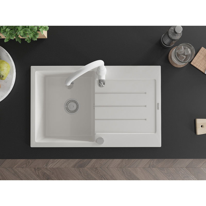 Mexen Bruno granitový kuchynský drez 1-komorový s odkvapkávačom a kuchynskou batériou Savita, biely - 6513-20-672601-20
