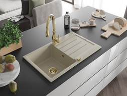 Mexen Bruno 1-komorový granitový kuchynský drez s odkapávačom a kuchynskou batériou Savita, béžový - 6513-69-672601-50