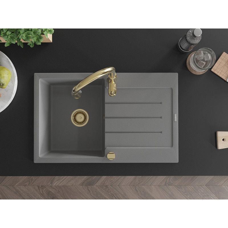 Mexen Bruno žulový kuchynský drez s 1 komorou a odkvapkávačom a kuchynskou batériou Savita, sivý - 6513-71-672601-50