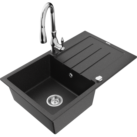 Mexen Bruno granitový drez s jednou komorou s odkvapkávačom a kuchynskou batériou Savita, čierny/strieborný metalický